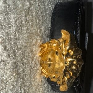 AUTHENTIC Black Leather Belt with Gold Buckle